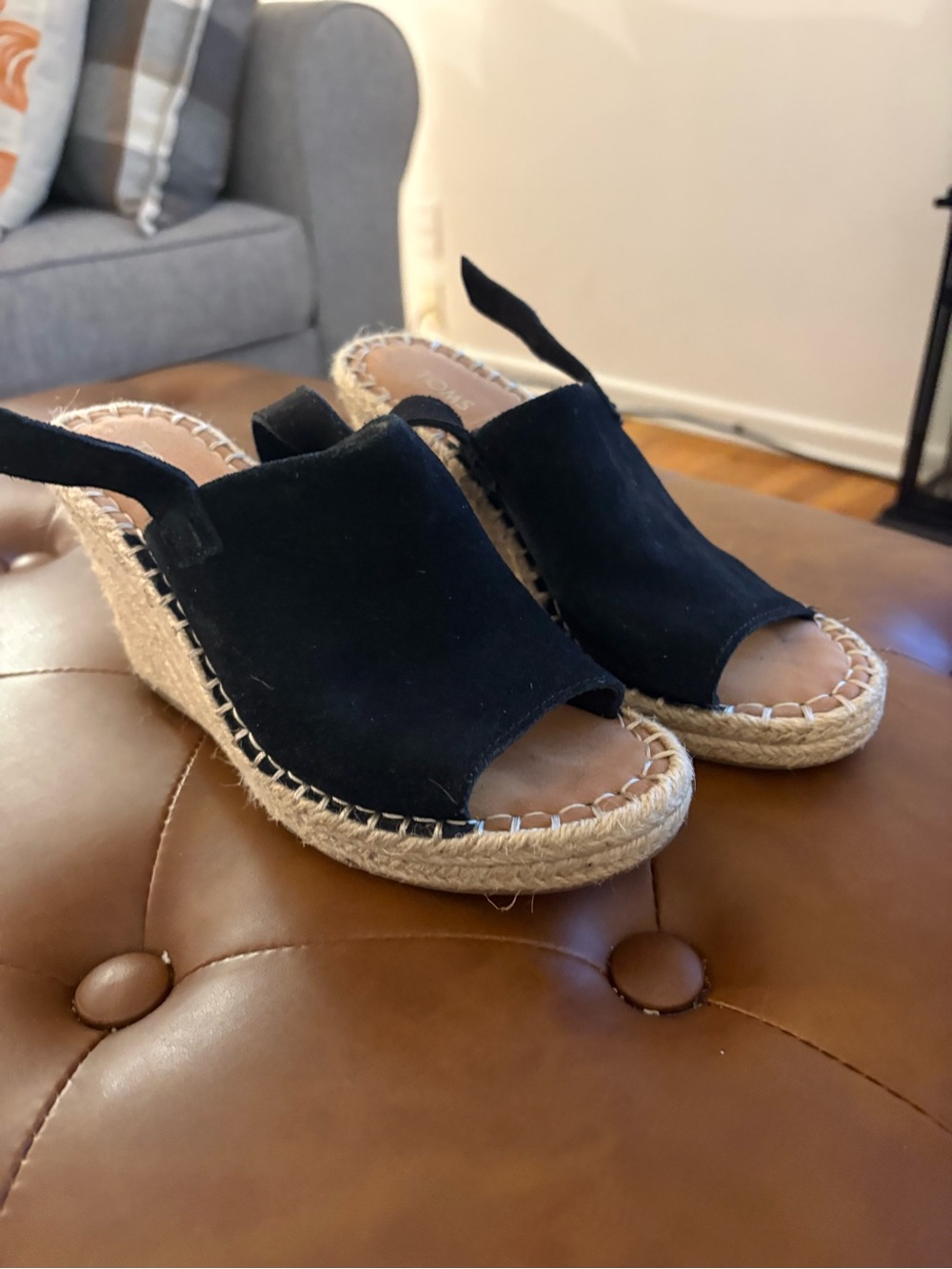 Toms Black Suede Espadrille Wedge Slides
